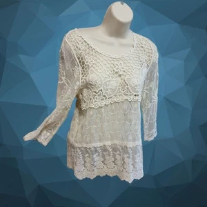 ZARA Cream Sheer Crochet Lace Boho Top Blouse  Women’s Size S Floral T04 - Picture 1 of 8