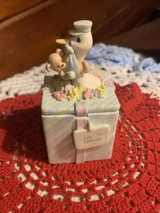 Precious Moments by Enesco - 1999 Joy On Arrival Stork Trinket Box - 2 Way Lid - Picture 1 of 10