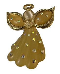Vintage Engel Brosche Aurora Borealis AB Strass Harz goldfarben 2" signiert KC - Bild 1 von 2