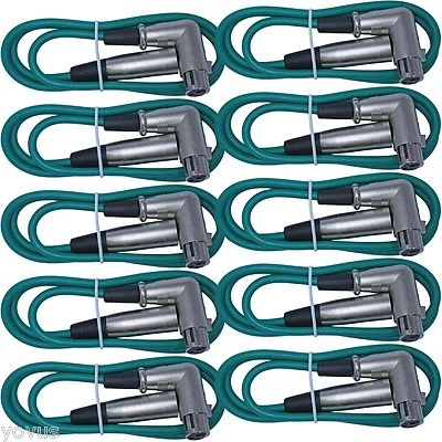YOVUS 10PACK Green 6 ft foot Right Angle Female xlr to straight male microphone cable
