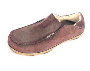 OLUKAI Men's Brown Suede Shearling Lined Molo Hulu Slippers Size US 8.5/ EU 41.5