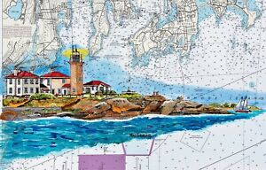 BEAVERTAIL LIGHTHOUSE Art Print  Narragansett Bay Jamestown RI Map Sail boater 