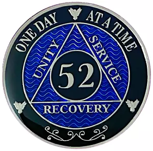 AA 52 Year Coin Blue, Silver Color Plated Medallion, Alcoholics Anonymous Coin - Picture 1 of 2