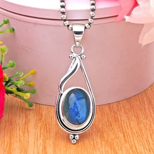 Natural Blue Labradorite Handmade Sterling Silver Pendant Jewelry Gift for Her - Picture 1 of 8