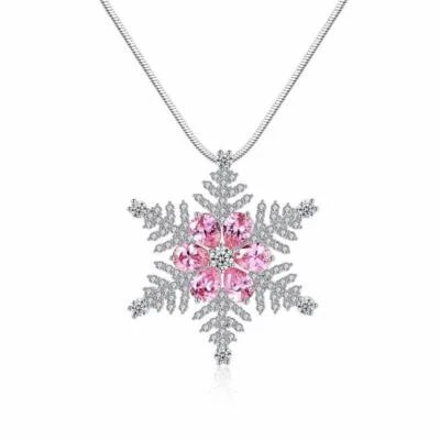 Shiny Silver Sparkling Pink & Clear CZ Large Snowflake Pendant 25" Long Necklace - Изображение 1 из 4