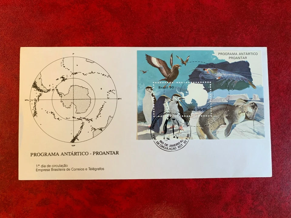 BRAZIL ANTARCTIC 1990 FDC MINISHEET MAP RESEARCH PENGUINS SEALS BIRDS 01 - Image 1 of 1