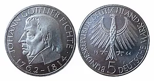 J393 5 DM Gedenkmünze Johann g. Fichte 1964 J - Bild 1 von 1