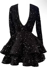Long Sleeve Sequins Prom Cocktail Homecoming Dress Black - Picture 1 of 3