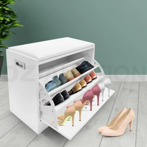 15 Pairs Shoe Cabinet Wooden Storage Bench Footwear Stand PU Cushion Seat White - Picture 1 of 10