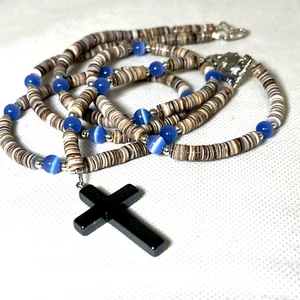Blau Katzenauge Hämatit Kreuz Heishi Muschel Perlen Halskette 32" Handwerk Rosenkranz Stil - Bild 1 von 11