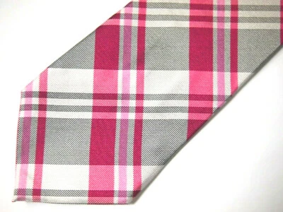 Express Mens Necktie Tie Silver Pink Plaid 61" Long Career 100% Silk - Image 1 of 4