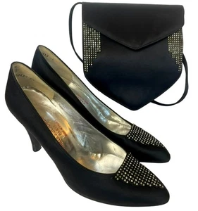 Vintage Charles Jourdan Heels Size 9 Black Satin Rhinestone w/Matching Purse - Picture 1 of 12