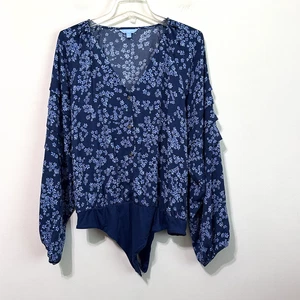 Draper James RSVP Long Ruffle Sleeve Bodysuit Blouse Blue Floral XL V Neck Shirt - Picture 1 of 11