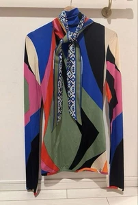 Emilio Pucci Blusa Nastro Cravatta Papillon Blusa Multicolore Motivo Geometrico Buono - Foto 1 di 7