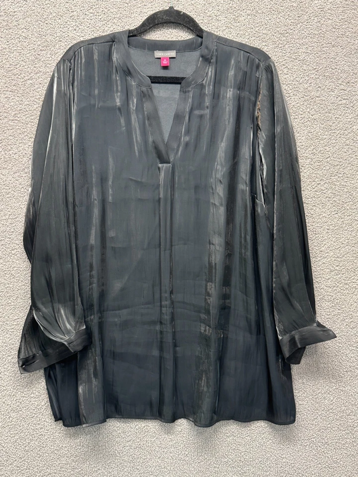 Женская блузка Vince Camuto 2X с разделенным вырезом серебристая серая атласная с гофрированным длинным рукавом - Изображение 1 из 4