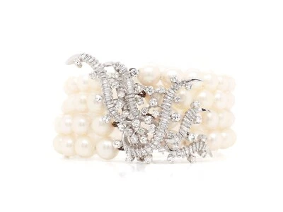 Retro 4-Strand Cultured Pearl, 18k White Gold, and Diamond Bracelet - Image 1 of 4