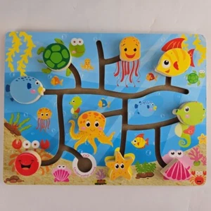 Underwater World Sea Creature Wooden Slide Puzzle 9 Removable Pieces - Complete - Picture 1 of 8