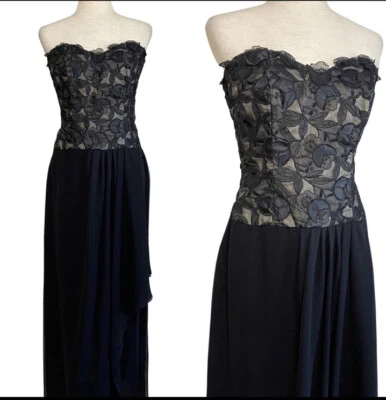 Vestido Vintage Años 80/90 Victor Costa Negro Floral Sin Tirantes Vestido De Diseñador Foto 1 de 4