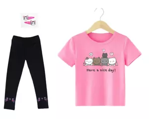 NWT Toddler Girls Kitty Cat Heather Black Leggings Pink Tee Hair Clips 5T NEW - Picture 1 of 4