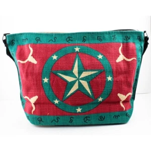 Western Design Cotton Stencil Unlined Tote Bag Purse Texas Star Steer Turquoise - Picture 1 of 6