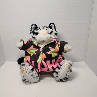 1989 Bernard Kliban Star Shine Hawaiian Aloha Fat Cat Gray & Black Plush Tag 9” - Image 1 of 4