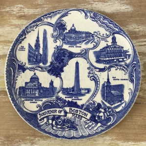Plato de vajilla de transferencia azul y blanco vintage Souvenir of Boston Jonroth Staffordshire - Imagen 1 de 4