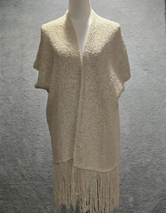 Handwoven Womens Cardigan Poncho Kimono OS Beige Fringe Coastal Boho Lagenlook - Picture 1 of 10