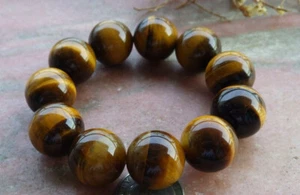 19mm Genuine Natural Yellow Tigers Eye Round Beads Stretchable Bangle Bracelet - Picture 1 of 4