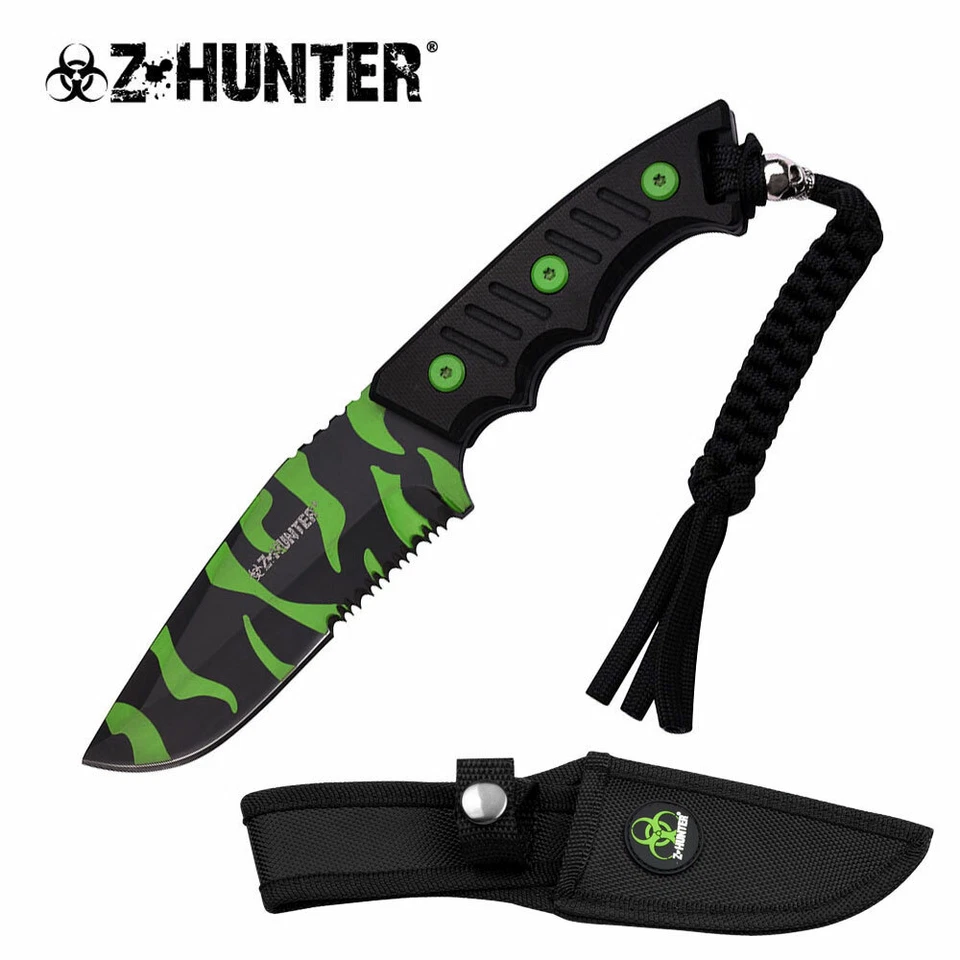 Z-HUNTER 7.5" FIXED SS GREEN CAMO W/ K1 HANDLE + SHEATH + SKULL TRINKET ZB-121C - Image 1 of 1