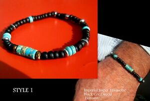 Men Bracelet Turquoise Imperial Jasp  Coco Wood black Onyx Hematite Magic Stone