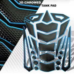 24 CALCOMANÍA PROTECTORA 3D PERSONALIZADA DE TANQUE DE COMBUSTIBLE/GASOLINA PERFORADA NEGRA + AZUL CROMADO - Imagen 1 de 4
