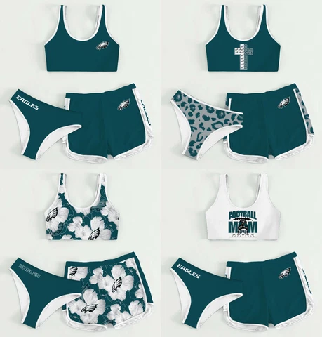 Philadelphia Eagles Womens High Waist 3PCS Sports Outfits Crop Top W/Shorts Sets Cover