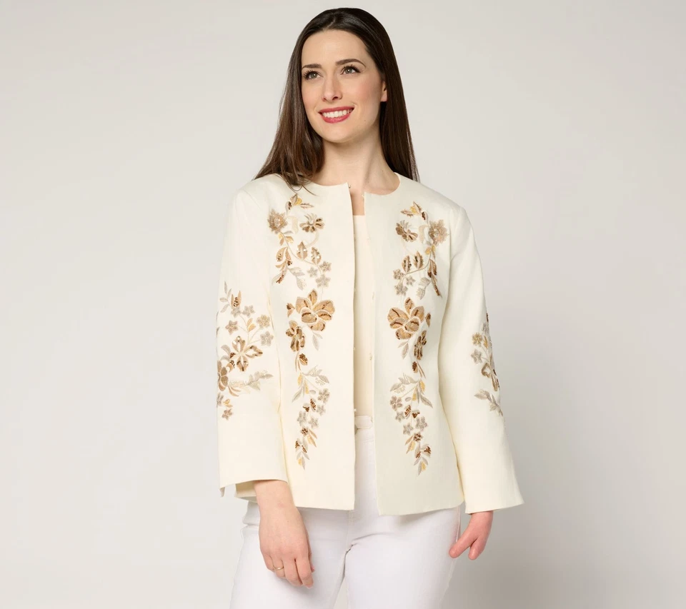 Dennis Basso Floral Embroidered Jacket Ivory/Sand XS New - Image 1 of 1