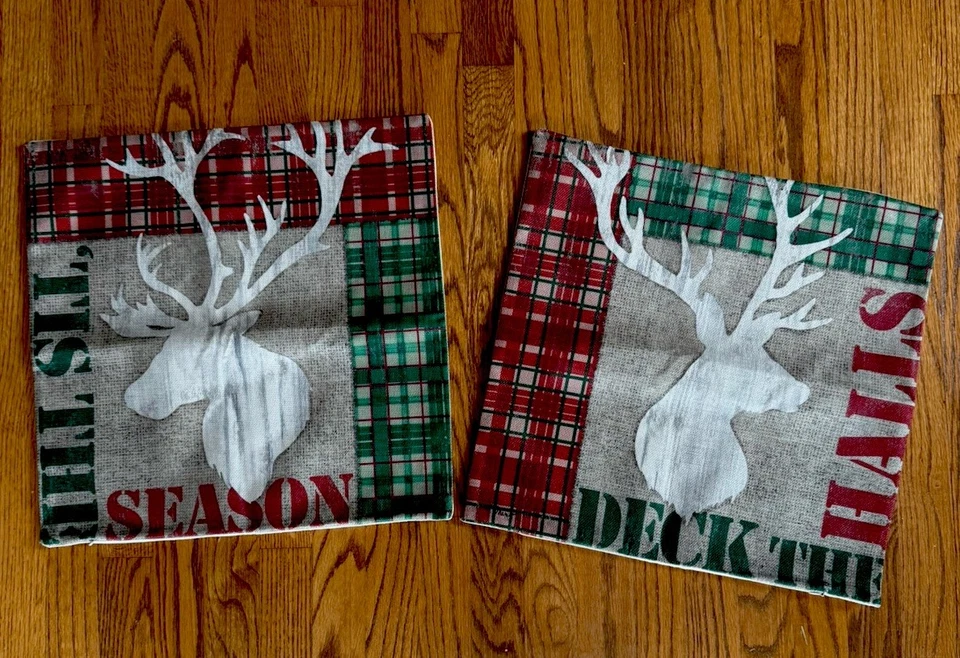 Christmas Pillow Covers (2) 18x18 Plaid Deer Throw Decorative Covers - Image 1 of 4