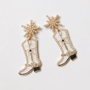 NEW White Cowgirl Boots Pearl Embellished Rhinestone Western Bling Glam Earrings - Picture 1 of 4
