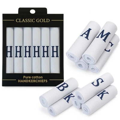DUDU N GIRLIE 7x Gentlemen’s Handkerchiefs | 100% Cotton Satin Border | Embroidered Initial.