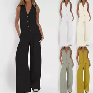 2-teiliges Set Damen ärmelloses Hemd mit Knöpfen + gerade Hose mit weitem Bein und Taschen - Bild 1 von 23