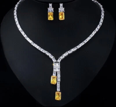 Conjunto de aretes collar de piedras preciosas de citrino amarillo enchapado en oro blanco de 18k regalo nupcial Foto 1 de 4