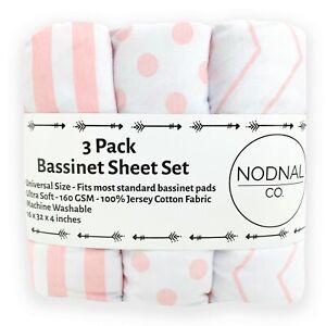 3 Pack Bassinet Fitted Sheet Set 100% Jersey Pink Cotton Baby Girl NODNAL CO.