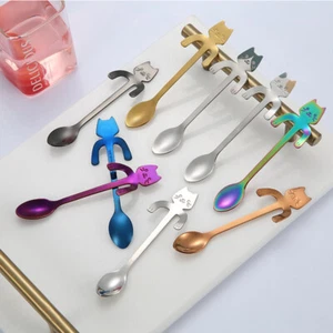 Stainless Steel Cat Shaped Teaspoon, Coffee Dessert Spoon, Gift Idea, 7 Colours - Picture 1 of 24