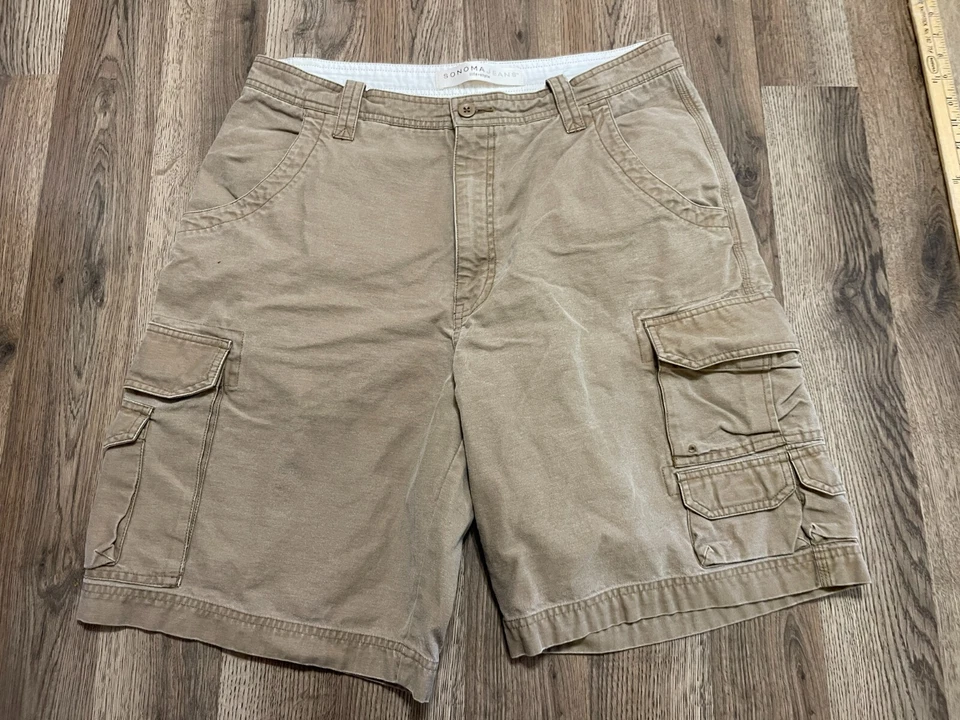 Shorts jeans Sonoma, masculino tamanho 36, marrom, cáqui, shorts cargo, bolsos - Imagem 1 de 4