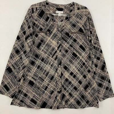 Susan Graver talla XL negro tostado a cuadros elástico líquido tejido abotonado oficina Foto 1 de 4