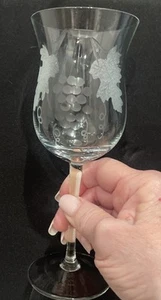 One Vintage Crystal Wine Glass Goblet Etched Grape Leaves: Made in Romania - Picture 1 of 4