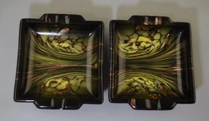 PAR DE CENICEROS VINTAGE DE CRISTAL DE MURANO Weil Italy Art ~aventurina negro amarillo~mcm - Imagen 1 de 4