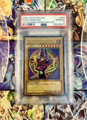 PSA 10 2002 Dark Magician LOB-001 1st Edition YuGiOh Card Asian English GEM MINT - Image 1 of 2