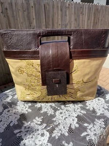 R & Y Augousti Leather Floral Embroidered Handbag Brown & Cream - Picture 1 of 10