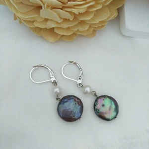 Un par de pendientes colgantes AAA+ Mar del Sur blancos negros con palanca trasera oro 14k P - Imagen 1 de 6