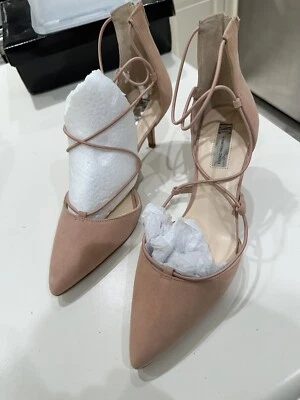 INC Pink/ Blush Suede Kitten Heel Pump With Elastic Ballet Ties 10 Zip Back - Image 1 of 4