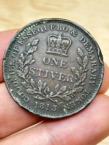 1813 Essequibo & Demerary Token 1 One Stiver Copper Coin - Picture 1 of 8
