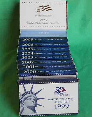 1999 to 2009 S 11 Years Annual US Mint PROOF Set Collection 127 Coins COA + Box - Image 1 of 4